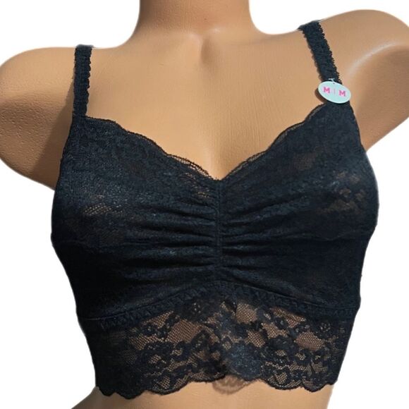 Victoria’s Secret Pink lace Unlined Ruched Front bralette bra black Medium - Picture 2 of 4